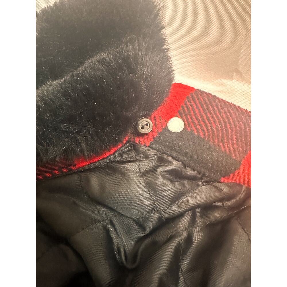 GAP Red Black Plaid Flannel Fur Bomber Jacket Removable Collar Sz. S - Picture 8 of 8